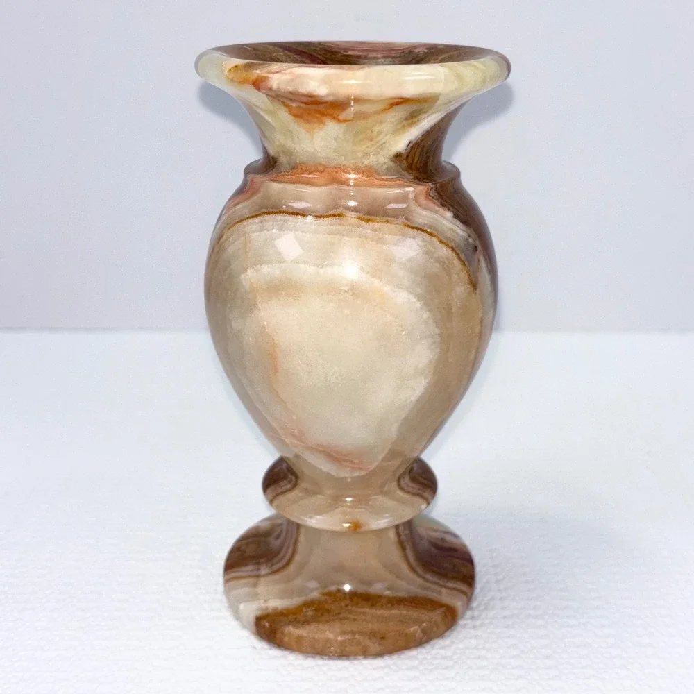 Vintage Onyx Marble Bud Vase Brown Cream Banded Polished Stone Urn 6 Inch